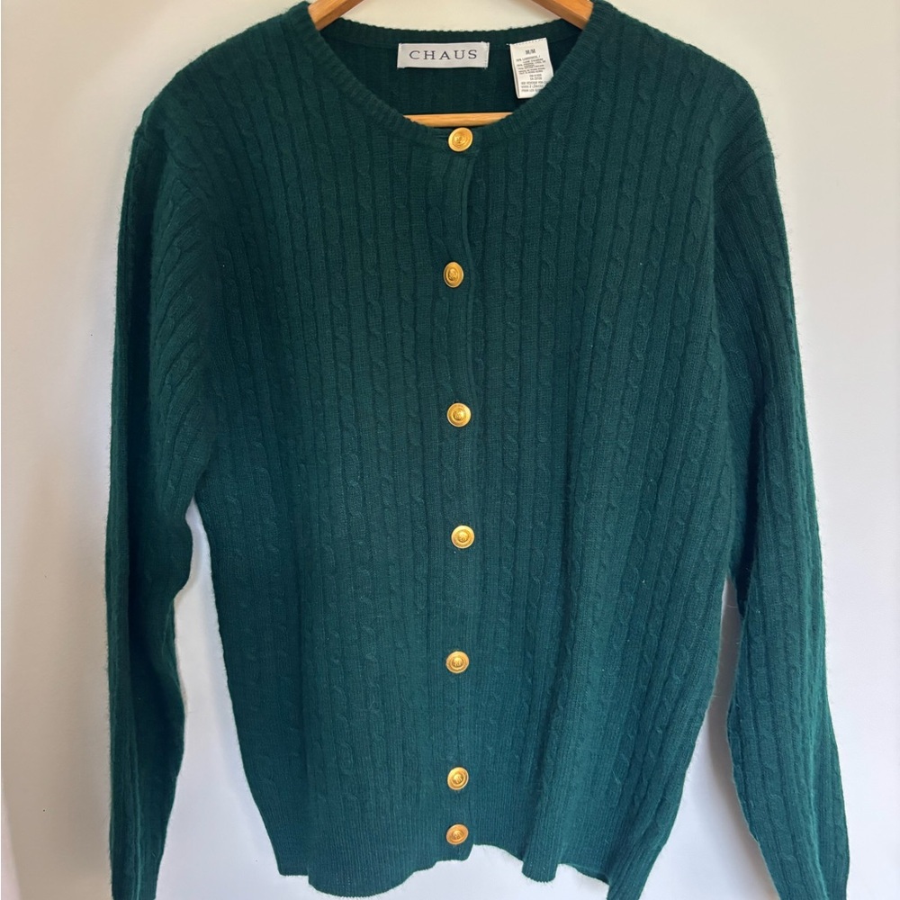 Chaus Forest Green Cable Knit Wool Cardigan